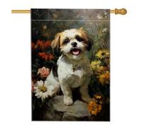 Bandiera da giardino floreale primaverile estiva, cane felice nel campo di fiori, decorazione per esterni, bandiera da cortile in iuta su entrambi i lati per gli amanti degli animali, decorazione per
