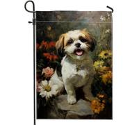 Bandiera da giardino floreale primaverile estiva, cane felice nel campo di fiori, decorazione per esterni, bandiera da cortile in iuta su entrambi i lati per gli amanti degli animali, decorazione per