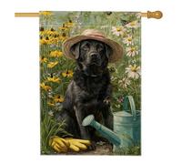 Bandiera da giardino floreale primaverile estiva, cane nero con cappello di paglia e farfalle, decorazione per esterni, bandiera da cortile in iuta su entrambi i lati per decorazione domestica, prato
