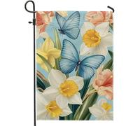 Bandiera da giardino floreale primaverile estiva, farfalle blu e narcisi, decorazione per la casa e il giardino, bandiera da giardino in iuta su entrambi i lati, decorazione per prato esterno 30,5 x