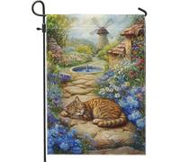 Bandiera da giardino floreale primaverile estiva, gatto colorato che dorme in fiori, decorazione da giardino, striscione artistico da giardino su entrambi i lati, decorazione per prato esterno per