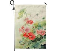 Bandiera da giardino floreale primaverile estiva, gerani pesca e farfalla, decorazione per esterni, bandiera da giardino su entrambi i lati per la decorazione del prato domestico 30,5 x 45,7 cm