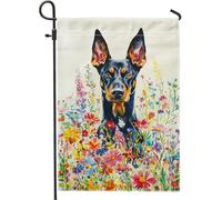 Bandiera da giardino floreale primaverile estiva, ritratti colorati di dobermann con fiori di campo, decorazione per la casa, bandiere decorative da giardino su entrambi i lati, per la decorazione del