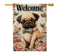 Bandiera da giardino floreale primaverile estiva, simpatico cane carlino con papillon e farfalle, decorazione da cortile, striscione decorativo su entrambi i lati per benvenuto decorazione per prato