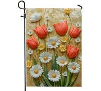 Bandiera da giardino floreale primaverile estiva, tulipani rossi vivaci e margherite bianche, decorazione per esterni, bandiera da cortile in iuta su entrambi i lati, per la decorazione della casa