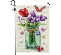 Bandiera da giardino floreale primaverile estiva, tulipani viola con fiori rossi e farfalle, decorazione per esterni, bandiera da cortile in iuta su entrambi i lati, per decorazione del prato, 30,5 x