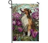 Bandiera da giardino floreale primaverile estiva, tulipani viola e striscione decorativo per la casa del cane, bandiera decorativa da cortile su entrambi i lati, per la decorazione del prato esterno