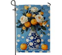 Bandiera da giardino floreale primaverile estiva, vaso a pois blu con peonie bianche e arance, bandiera da giardino in iuta su entrambi i lati, decorazione da giardino per esterni, 30,5 x 45,7 cm