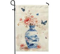 Bandiera da giardino floreale primaverile estiva, vaso vintage blu con fiori farfalla decorazione per esterni, bandiera da cortile in iuta su entrambi i lati per decorazione prato 30,5 x 45,7 cm