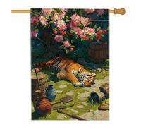 Bandiera da giardino floreale primaverile estiva, vivace tigre sotto i fiori di ciliegio, bandiera decorativa per la casa, bandiera da giardino in iuta su entrambi i lati, per decorazione esterna del