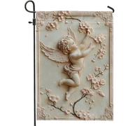 Bandiera da giardino floreale primaverile, fiore di ciliegio pesco con angelo alato, decorazione per esterni, striscione in iuta su entrambi i lati per casa, decorazione per prato e vacanze, 30,5 x
