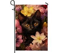 Bandiera da giardino floreale primaverile gatto con occhi dorati fiori colorati decorazione esterna bandiera del patio in tessuto double face per la decorazione della casa giardino regalo