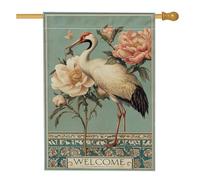 Bandiera da giardino floreale primaverile gru blu, peonia, banner di benvenuto per la casa, banner double face in tela di iuta, decorazione per prato per vacanze all'aperto, 71,1 x 101,6 cm