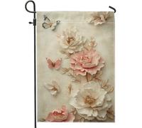 Bandiera da giardino floreale primaverile, morbida pesca, peonia, farfalle, decorazione per esterni, bandiera su entrambi i lati in iuta per cortile, decorazione stagionale per la casa, 30,5 x 45,7 cm