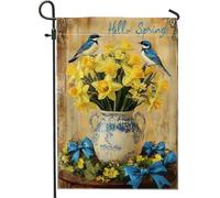 Bandiera da giardino floreale primaverile, narcisi gialli e uccelli blu, decorazione per esterni per casa, bandiera da cortile su entrambi i lati per decorazione stagionale, bandiere da giardino in