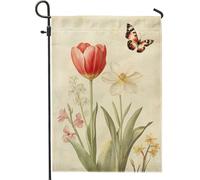 Bandiera da giardino floreale primaverile, tulipani rossi e margherite bianche, striscione decorativo per esterni, bandiera in iuta su entrambi i lati, per la decorazione del prato domestico 30,5 x