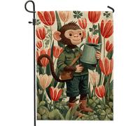 Bandiera da giardino floreale primaverile, tulipani rossi e scimmia, striscione decorativo per la casa, bandiera da giardino in iuta su entrambi i lati, per decorazione esterna del prato, 30,5 x 45,7