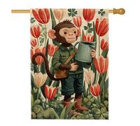 Bandiera da giardino floreale primaverile, tulipani rossi e scimmia, striscione decorativo per la casa, bandiera da giardino in iuta su entrambi i lati, per decorazione esterna del prato, 71 x 101 cm