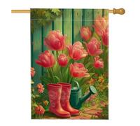 Bandiera da giardino floreale primaverile, tulipani rossi e stivali, decorazione per esterni, striscione in iuta su entrambi i lati per la decorazione del prato, accenti estivi per feste in giardino e