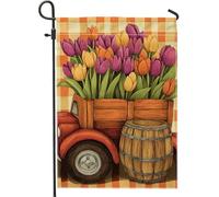 Bandiera da giardino floreale primaverile, tulipani viola gialli rustici rossi camion decorazione per la casa bandiera da cortile, decorazione per prato esterno in iuta su entrambi i lati, 30,5 x 45,7