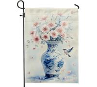 Bandiera da giardino floreale primaverile, vaso di fiori blu e bianco con uccelli decorazione per esterni, bandiera da cortile in iuta su entrambi i lati per la decorazione stagionale della casa