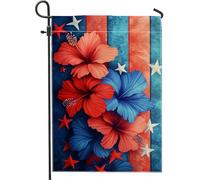 Bandiera da giardino floreale rossa e blu, decorazione per esterni con fiori di ibisco per vacanze estive, striscione stampato su entrambi i lati, decorazione natalizia per patio 30,5 x 45,7 cm