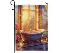 Bandiera da giardino floreale Vasca da bagno da sogno Bella finestra fiore Botanico Cielo Primavera arancione blu lino segno decorazione decorazione per la casa decorazione da parete esterno patio