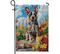 Bandiera da giardino floreale vibrante con cane da bestiame australiano, decorazione colorata con animali per primavera estate, striscione da cortile su entrambi i lati per decorazione esterna del