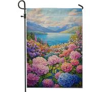 Bandiera da giardino floreale vibrante, peonia pesca e ortensia blu, decorazione per esterni, bandiera primaverile estiva da cortile, decorazione colorata per casa e giardino, 30,5 x 45,7 cm