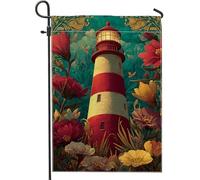Bandiera da giardino floreale vintage con faro rosso, striscione decorativo per la casa, bandiera da giardino in iuta su entrambi i lati, per decorazione primaverile all'aperto del prato, 30,5 x 45,7