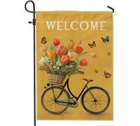 Bandiera da giardino floreale vintage gialla, bicicletta con tulipani e farfalle, striscione decorativo per la casa, bandiera da giardino in iuta su entrambi i lati, per primavera, decorazione per