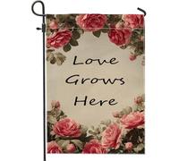 Bandiera da giardino floreale vintage primaverile ed estiva, con rose di pesca e scritta "Love Grows Here", decorazione per esterni, striscione in iuta su entrambi i lati, per casa e giardino, 30,5 x