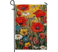 Bandiera da giardino floreale vivace, con farfalle rosse e papaveri, decorazione per esterni, in iuta su entrambi i lati, per feste primaverili ed estive, 30,5 x 45,7 cm
