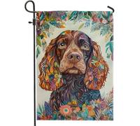 Bandiera da giardino floreale vivace, design colorato con cani con fiori e foglie, decorazione per esterni primaverile ed estate, striscione da cortile su entrambi i lati, decorazione per prato per