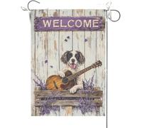 Bandiera Da Giardino Funny English Springer Spaniel Playing Guitar Welcome Lavender Dog Garden Flag Durevole Bandiere Decorative Colore Vivido Bandiera Verticale Per Celebrazioni Feste 30X45CM