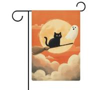 Bandiera da giardino galleggiante con gatto nero che vola su una scopa e fantasma, in iuta su entrambi i lati, 30,5 x 45,7 cm