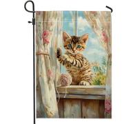Bandiera da giardino gattino primavera estate bella palla di filo di gatto tigrato per decorazione domestica banner da giardino bandiera in tela doppia faccia decorazione esterna 12