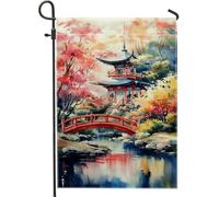Bandiera da giardino giapponese autunnale, decorazione per esterni con ponte rosso e pagoda, striscione per la casa autunnale su entrambi i lati, decorazione per prato con paesaggi vivaci, 30,5 x 45,7