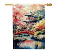 Bandiera da giardino giapponese autunnale, decorazione per esterni con ponte rosso e pagoda, striscione per la casa autunnale su entrambi i lati, decorazione per prato con paesaggi vivaci, 71 x 101 cm