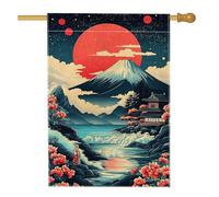 Bandiera da giardino giapponese con tramonto sulle montagne, paesaggio con luna rossa, decorazione floreale per esterni, arte su entrambi i lati per la decorazione del prato primaverile estate 71 x