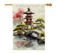 Bandiera da giardino giapponese, decorazione per esterni, pagoda rossa e carpa, striscione in iuta su entrambi i lati, per la decorazione primaverile estiva del prato, 71 x 101 cm