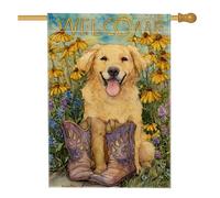 Bandiera da giardino Golden Retriever, bandiera gialla floreale per la casa, decorazione per la casa su entrambi i lati, decorazione estiva per prato all'aperto, design con stivali da cowboy di
