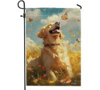 Bandiera da giardino Golden Retriever, decorazione per esterni con farfalle floreali soleggiate, in iuta su entrambi i lati, per primavera ed estate, decorazione per la casa del cane felice, 30,5 x
