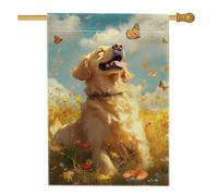 Bandiera da giardino Golden Retriever, decorazione per esterni con farfalle floreali soleggiate, in iuta su entrambi i lati, per primavera ed estate, decorazione per la casa del cane felice, 71 x 101