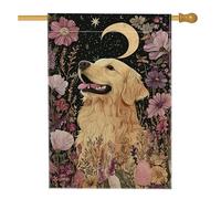 Bandiera da giardino Golden Retriever, decorazione per esterni con luna floreale viola, striscione in iuta su entrambi i lati per decorazione primaverile estiva per prato 71 x 101 cm