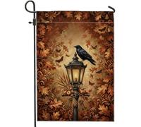 Bandiera da giardino gotica autunnale con corvo e lanterna, 30 x 45 cm | Lampione da strada vintage, bandiera del cortile, grano raccolto e zucche, foglie autunnali gotiche, estetica in ferro