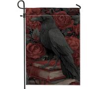 Bandiera da giardino gotica con corvo, bandiera floreale con uccello nero, bandiera decorativa per la casa, bandiera da cortile in iuta su entrambi i lati, per autunno, Halloween, decorazione per