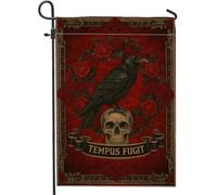 Bandiera da giardino gotica con corvo, teschio rosso con rose decorative per la casa, bandiera da cortile in iuta su entrambi i lati, per Halloween, decorazione per esterni, 30,5 x 45,7 cm
