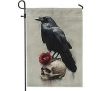 Bandiera da giardino gotica con corvo, uccello nero con striscione decorativo rosso per la casa, bandiera da cortile in iuta su entrambi i lati, per decorazione esterna di Halloween, 30,5 x 45,7 cm