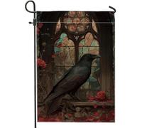 Bandiera da giardino gotica con corvo, uccello nero e rose rosse, striscione decorativo per la casa, bandiera da cortile in iuta su entrambi i lati, decorazione per Halloween, 30,5 x 45,7 cm
